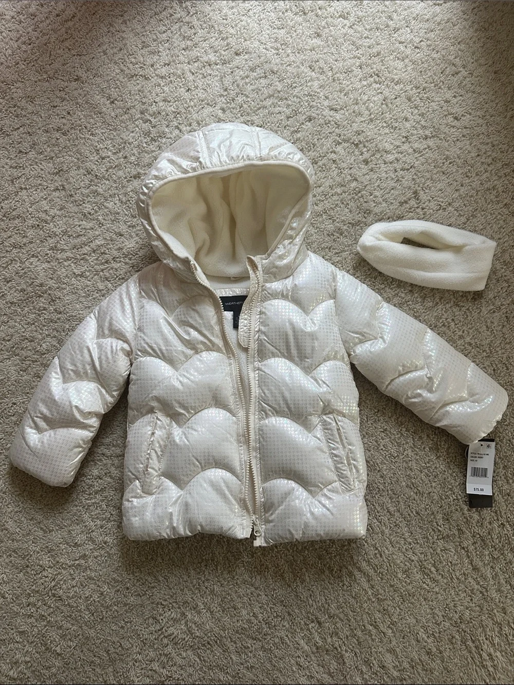 Girls' Shimmery Cream Hooded Puffer Jacket with Matching Headband